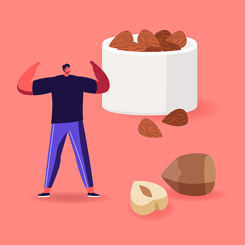 Happy Man Character Doing Fitness Workout with Hazelnuts around. Source of Protein, Healthy Lifestyle, Vegetarian Nutrition Products, Healthy Vegan Food Nuts, Dieting. Cartoon Vector Illustration