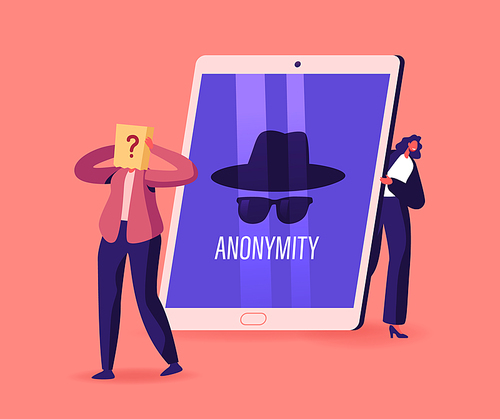 Anonymity, Tiny Female Character Hiding Behind of Huge Tablet Pc Digital Device with Anonymous Unrecognizable Profile, Person with Pack with Question Mark on Head. Cartoon People Vector Illustration