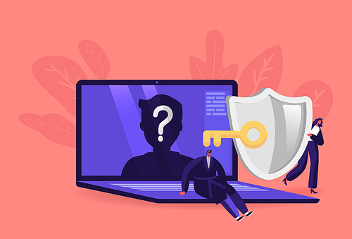 Online Anonymity Concept. Tiny Users Characters at Huge Digital Device with Anonymous Unrecognizable Profile. Woman Holding Shield and Key, Man Sitting on Laptop. Cartoon People Vector Illustration