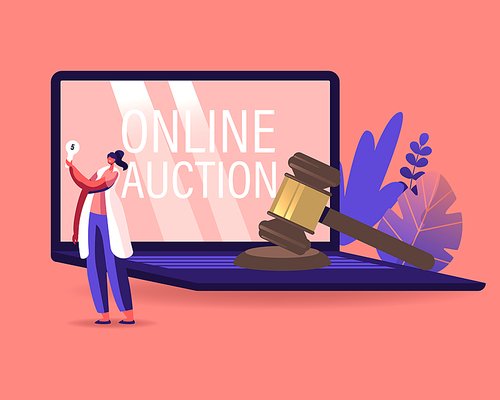 Woman Buying Assets in Internet Using Online Platform. Female Character Holding Bid Plate in Hand Stand at Huge Laptop with Online Auction Inscription on Screen, Business. Cartoon Vector Illustration