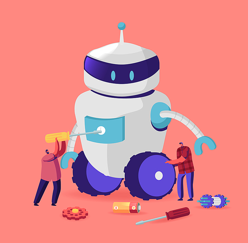 Tiny Male Characters Making Huge Robot at Home or Science Laboratory. Robotics Hobby, Hardware and Software Science Engineering Development Company, Construction. Cartoon People Vector Illustration