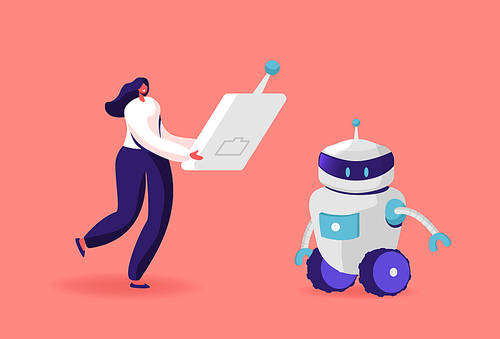 Human and Robot Concept. Tiny Female Character Carry Huge Remote Control to Make Robot Moving. Cyborg Automation, Artificial Intelligence Technologies, Robotics Hobby. Cartoon Vector Illustration