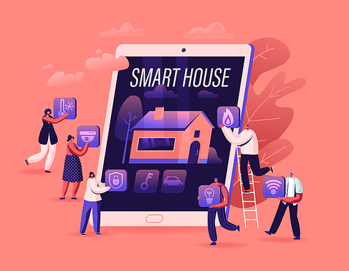 Smart House App Concept. People at Huge Tablet with Image of Building with Artificial Intelligence Technology on Screen. Internet of Things Application Services. Cartoon Flat Vector Illustration