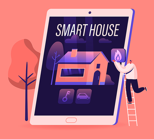 Smart House Concept. Tiny Man Stand on Ladder Put Fire Icon on Huge Tablet Touch Screen with Home Building with Artificial Intelligence Technology, Iot Application Cartoon Flat Vector Illustration