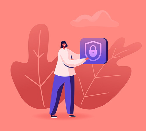 Woman Holding Icon of Padlock inside of Shield. Control Smart Home Devices through Wireless Connection. Internet of Things, Iot Secure System Controlling House Locks Cartoon Flat Vector Illustration