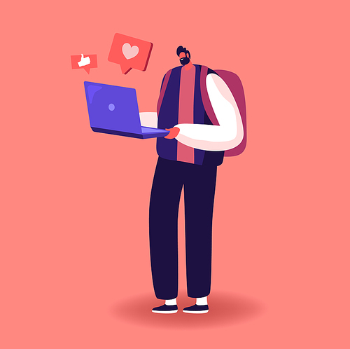 Internet Community Entertainment. Young Man Character Writing Love Correspondence, Communicating in Social Media Networks, Watching and Like Video, Chat or Dating on Site. Cartoon Vector Illustration