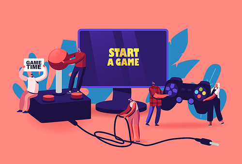 Video Games Recreation, Hobby Concept. Tiny Male and Female Characters with Huge Gamepad and Joystick Playing Videogame on Play Station Console and Computer Monitor. Cartoon People Vector Illustration