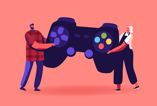 Tiny Male and Female Characters Playing Videogame. Man and Woman Gamers with Huge Gamepad Playing Video Game. Recreation Technology, Entertainment Industry or Hobby. Cartoon People Vector Illustration