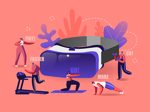 People Use Virtual Reality Technology fro Sports Workout. Male and Female Tiny Characters Wearing Vr Goggles Exercising on Treadmill, Fighting, Push Up, Augmented Reality. Cartoon Vector Illustration