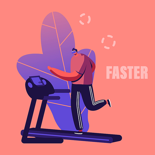 Young Man in Sports Wear and Vr Goggles Running on Treadmill Having Virtual Sport Training Augmented Reality Entertainment, Recreation in Gym. Male Character Exercising. Cartoon Vector Illustration