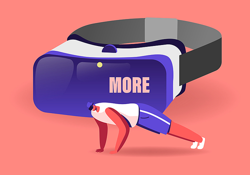 Male Character in Vr Glasses Training in Virtual Reality Cyberspace. Young Sportsman in Sports Clothing and Goggles Headset Push Up Fitness Exercising, Sports Workout. Cartoon Vector Illustration