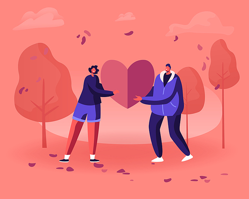 Loving Couple Share Huge Red Heart to Each Other. Human Relations, Love, Romantic Dating. Young Man and Woman Character Spending Time Together Outdoors. Valentines Day Cartoon Flat Vector Illustration