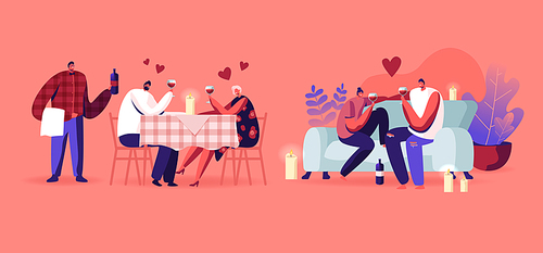 Set of Loving Couple Having Romantic Date at Home and Restaurant. Man and Woman Sitting at Table with Candles Waiter Bringing Wine, Boyfriend and Girlfriend on Couch. Cartoon Flat Vector Illustration