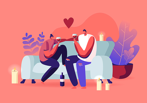 Young Loving Couple Spend Time at Home Sitting on Couch Together Chatting, Drinking Wine with Burning Candles around on Weekend Evening. Love, Flirting Sparetime. Cartoon Flat Vector Illustration