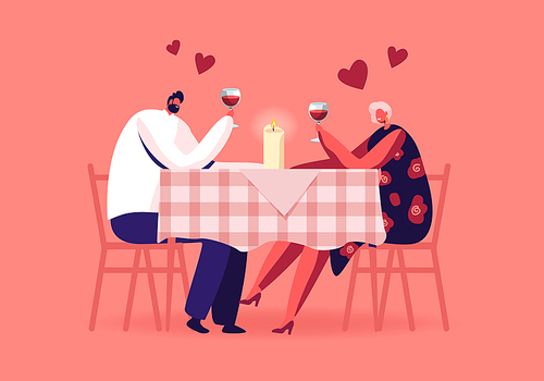 Romantic Relations, Meeting. Happy Loving Couple of Male and Female Characters Dating in Restaurant. Declaration of Love, Young Man and Woman Holding Glasses in Hands. Cartoon Flat Vector Illustration