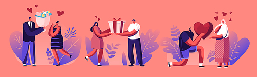 Young Man Giving Present to Happy Surprised Woman on Valentines Day or Birthday. Human Relations, Loving Couple Gift. Male and Female Characters Friendship or Love. Cartoon Flat Vector Illustration