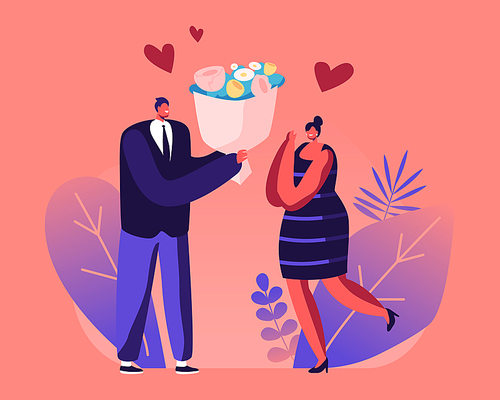 Couple Having Dating. Man Give Present to Girlfriend. Cute Surprised Girl Happy to Get Bouquet of Flowers from Boyfriend for Valentine Day Holiday. Love Human Relation Cartoon Flat Vector Illustration
