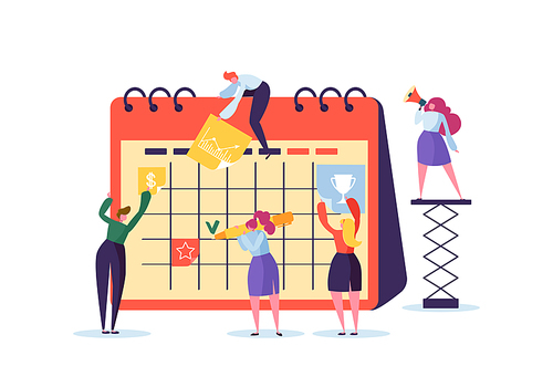 Planning Schedule Concept with Business Characters Working with Planner. Team Work Together. Flat People Teamworking with Timetable. Vector illustration