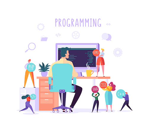 Software and Web Page Programming Concept. Programmer Character Working on Computer with Code on Screen. Freelancer Workplace Coding. Vector illustration