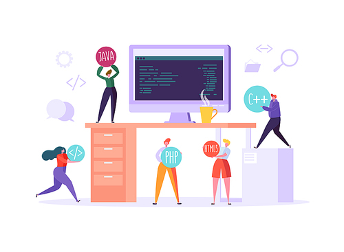 Software and Web Page Programming Concept. Programmer Characters Working on Computer with Code on Screen. Freelancer Workplace Coding. Vector illustration