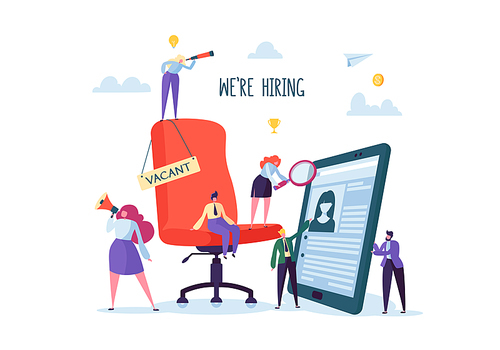 Business People Hiring New Staff. Office chair with vacancy sign. Head Hunters. Flat Characters are Examining a Resume. Recruitment Agency. Vector illustration