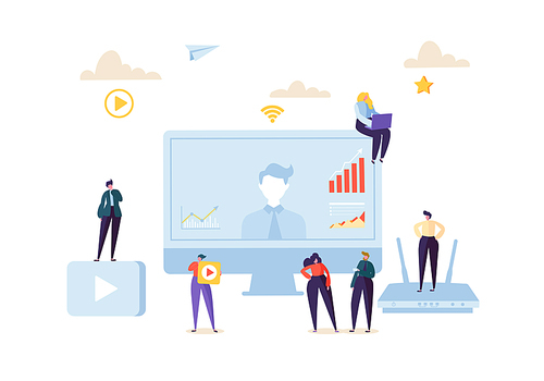 Teleconference Online Communication Concept. Business People at the Video Conference Webinar. Characters on Data Analysis Call Meeting. Vector illustration