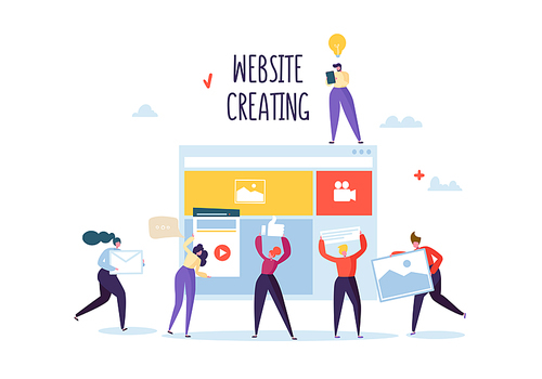 Website Development Concept. Flat People Characters Team Work Creating Web Page. User Interface Mobile Application. Vector illustration