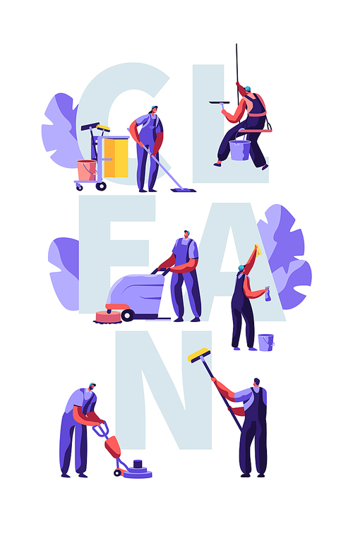 Service of Professional Cleaners Work Concept. Characters in Uniform with Cleaning Equipment, Mopping, Vacuuming Floor, Rub, Sweeping Poster, Banner, Flyer, Brochure. Cartoon Flat Vector Illustration