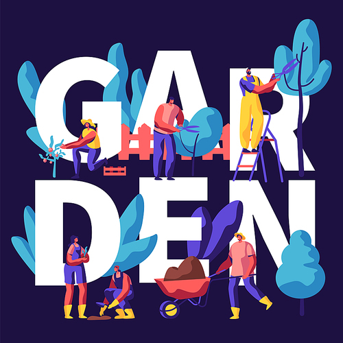 Male and Female Characters Growing, Planting and Caring of Trees in Garden Concept. Gardening People Put Sprout on Soil, Cut Branches. Poster, Banner, Flyer, Brochure. Cartoon Flat Vector Illustration