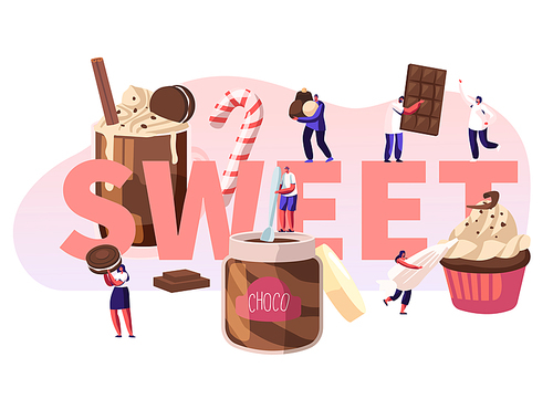 People Eating Sweet Food Concept. Tiny Male and Female Characters among Huge Chocolate Dessert Dishes Pastry Cupcake Candy Cane Cocktail Poster Banner Flyer Brochure. Cartoon Flat Vector Illustration