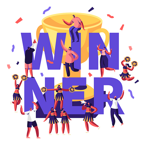 Winner Concept with Cheerleaders Team Making Pyramid on Sports Competition and Cheerful People around Golden Cup and Confetti. Sport Poster Banner Flyer Brochure. Cartoon Flat Vector Illustration