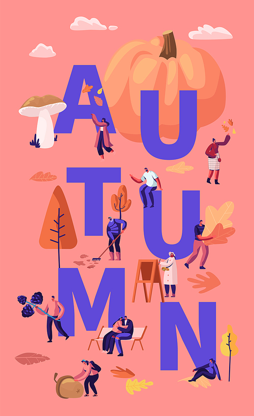 Autumn Season Concept. Happy Characters Spend Time Outdoors Pick Up Fallen Leaves, Mushrooms, Berries, Pumpkin. Fall Outdoor Activity Poster Banner Flyer Brochure. Cartoon Flat Vector Illustration