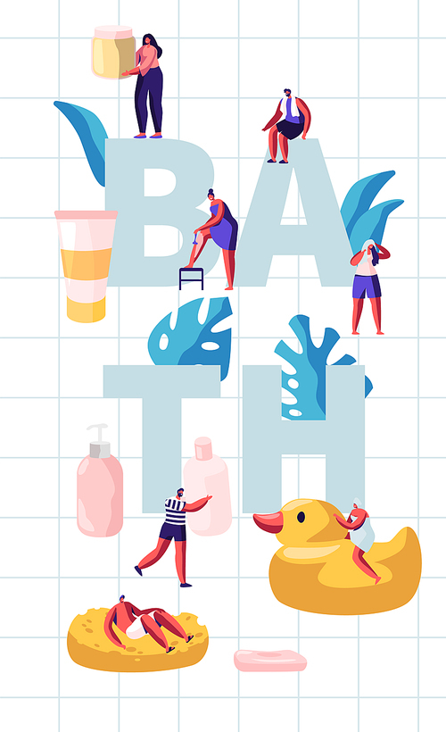 People in Bathroom Concept. Tiny Characters Washing and Taking Bath among Huge Cosmetics Bottles Soap Shampoo. Spa Hygiene Procedures Poster Banner Flyer Brochure. Cartoon Flat Vector Illustration