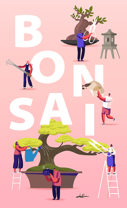 Bonsai Growing Concept. People Characters Enjoying Hobby Caring, Pruning and Trimming Bonsai Trees. Plants Gardening, Traditional Asian Art, Culture Poster Banner Flyer. Cartoon Vector Illustration