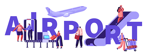 Passengers in Airport Concept. People Put Baggage on Conveyor Belt, Passing Control, Going Up by Ladder, Prepare for Airplane Flight, Poster, Banner, Flyer, Brochure. Cartoon Flat Vector Illustration