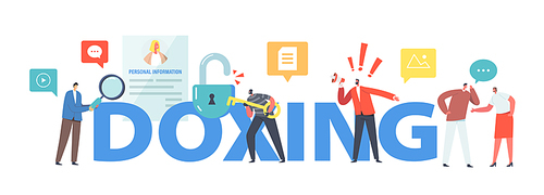 Doxing Concept. Characters Gathering Target Individuals Sensitive Data and Making It Public. Online Information Hacking and Exploit Poster, Banner or Flyer. Cartoon People Vector Illustration