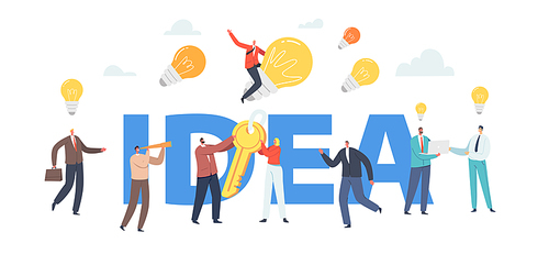 Creative Idea Concept. Business Characters with Huge Illuminated Light Bulbs, Team Searching New Insights for Project Development, Teamwork Poster, Banner or Flyer. Cartoon People Vector Illustration