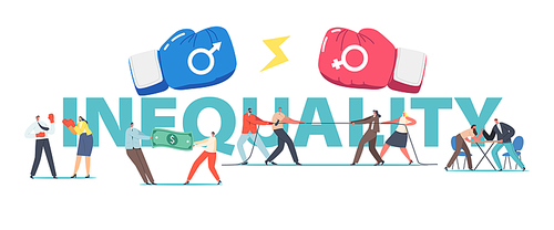 Man and Woman Inequality, Struggle Concept. Male and Female Characters Battle, Fight, Pulling Dollar Bill. Gender Competition for Leadership Poster, Banner or Flyer. Cartoon People Vector Illustration