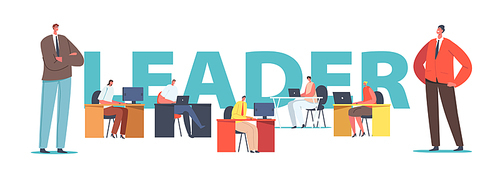 Leader Concept. Boss Character with Crossed Arms Stand behind Manager Employees Sitting at Desk Working on Computers, Corporate Control Poster, Banner or Flyer. Cartoon People Vector Illustration