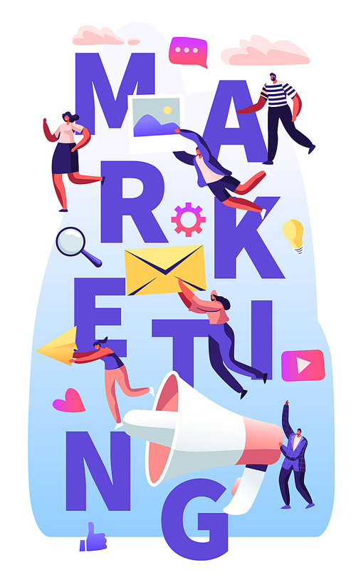 Marketing Concept, Pr Agency Team Work with Huge Megaphone, Communication Alert Advertising, Propaganda, Social Media Public Relations Poster, Banner, Flyer, Brochure. Cartoon Flat Vector Illustration