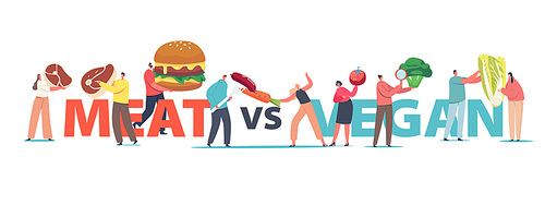 Meat VS Vegan Food Concept. Tiny Male or Female Characters with Huge Healthy and Unhealthy Products Meat, Vegetables and Fast Food Nutrition Poster, Banner or Flyer. Cartoon People Vector Illustration