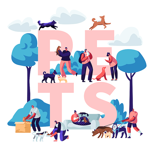 People and Pets Concept. Male and Female Characters Walking with Dogs and Cats Outdoors, Relaxing, Leisure, Love, Care of Animals Poster, Banner, Flyer, Brochure. Cartoon Flat Vector Illustration