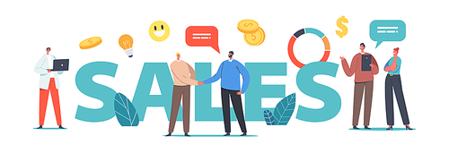 Sales Concept. Businesspeople Male and Female Characters Shaking Hands, Discuss Working Issues, Working on Marketing Strategy Development Poster, Banner or Flyer. Cartoon People Vector Illustration