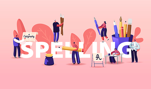 People Characters Spelling Concept. Writing Letters, Script, Creative Hobby Recreation. Woman Sitting at Table with Pen in Hand Practicing Calligraphy Poster Banner Flyer Cartoon Vector Illustration