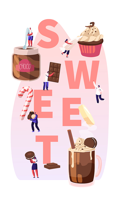 People Eating Sweet Food Concept. Tiny Male and Female Characters among Huge Chocolate Dessert Dishes Pastry Cupcake Candy Cane Cocktail Poster Banner Flyer Brochure. Cartoon Flat Vector Illustration