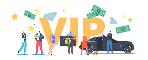 VIP Persons Lifestyle Concept. Luxury Characters with Gold Cards Premium Service, Woman with Dog Enter Limousine, Waiter Carry Star on Tray Poster Banner Flyer. Cartoon People Vector Illustration