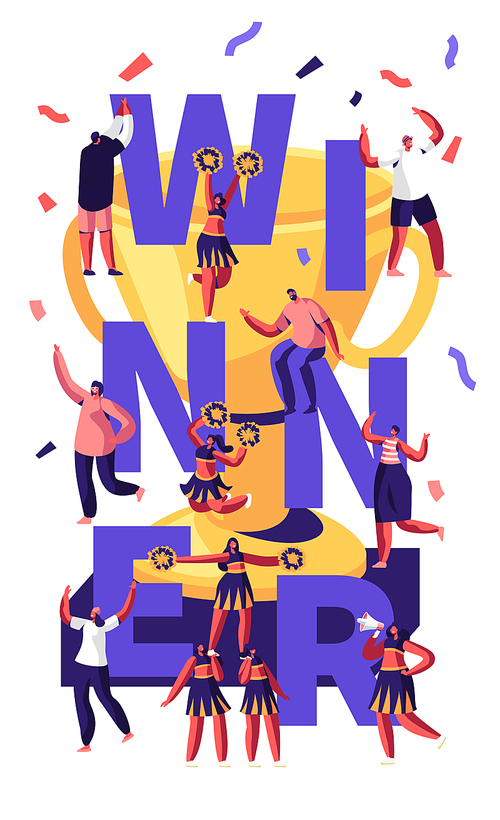 Winner Concept with Cheerleaders Team Making Pyramid on Sports Competition and Cheerful People around Golden Cup and Confetti. Sport Poster Banner Flyer Brochure. Cartoon Flat Vector Illustration