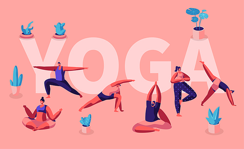 People Doing Yoga Exercises. Fitness Workout in Different Poses Stretching Sport Activities . Healthy Lifestyle, Leisure Concept for Poster Banner Flyer Brochure. Cartoon Flat Vector Illustration