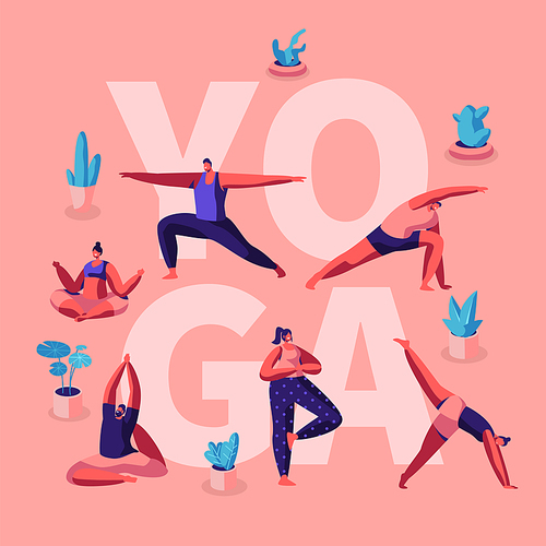 People Doing Yoga Exercises. Fitness Workout in Different Poses Stretching Sport Activities . Healthy Lifestyle, Leisure Concept for Poster Banner Flyer Brochure. Cartoon Flat Vector Illustration