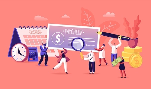 People Get and Signing Paycheck Concept. Male and Female Characters with Huge Quill Pen, Magnifying Glass and Cheque. Tax Free Income, Payroll Budget, Deposit Payday. Cartoon Vector Illustration